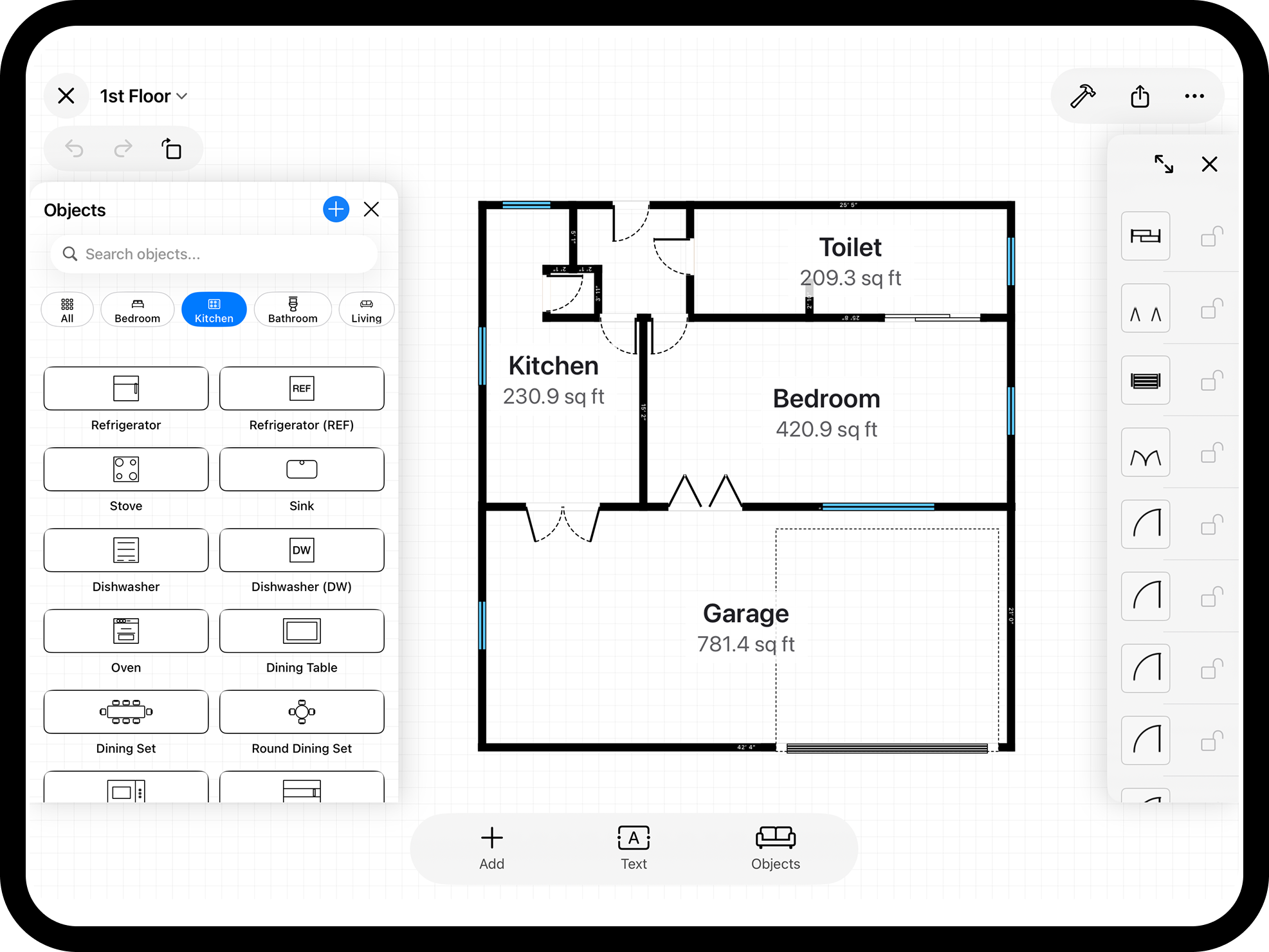 RoomPlot on iPad - the full floor-plan editor with room areas, the object library, and CCTV camera tools all on one screen